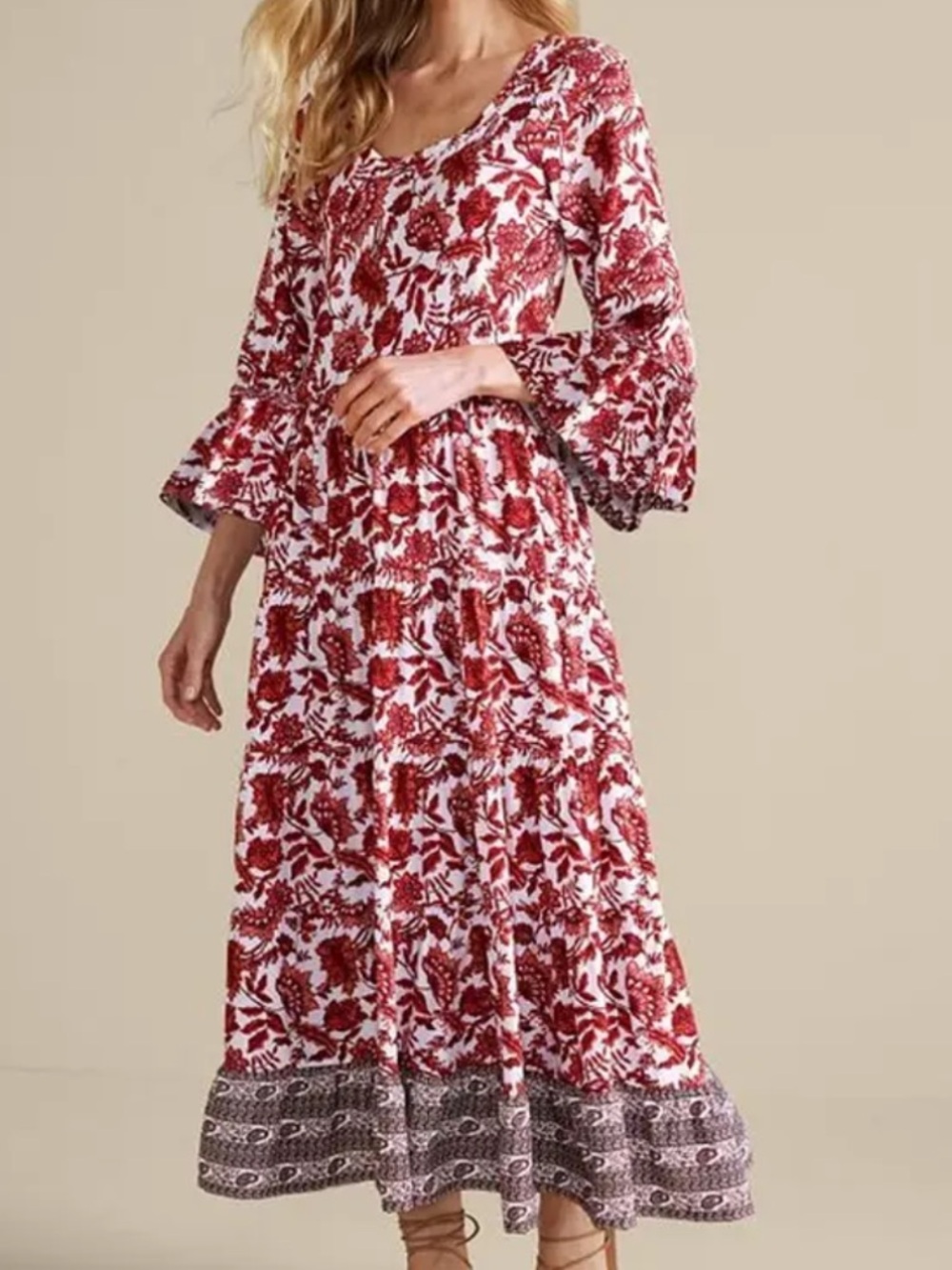 Soft Surroundings Women M Maroon Sketched Botanicals Ruffle Lily Midi Dress NWT